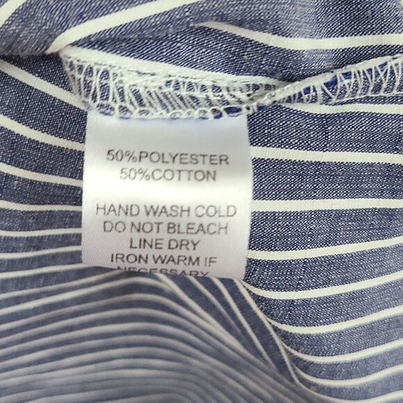 Mittoshop Chambray Blue Stripe Tiered Keyhole Blouse Summer Casual Top Nautical - Picture 6 of 8